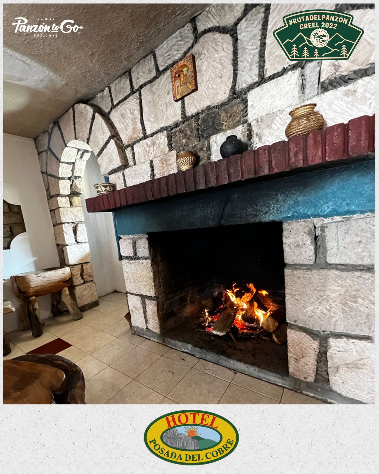 Chimenea tradicional de leña en restaurante Hotel Posada del Cobre